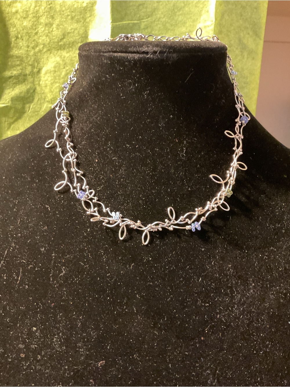 Delicate Silver Tone Vine Choker Necklace Blue Accent Beads-3 Strand-La Diva